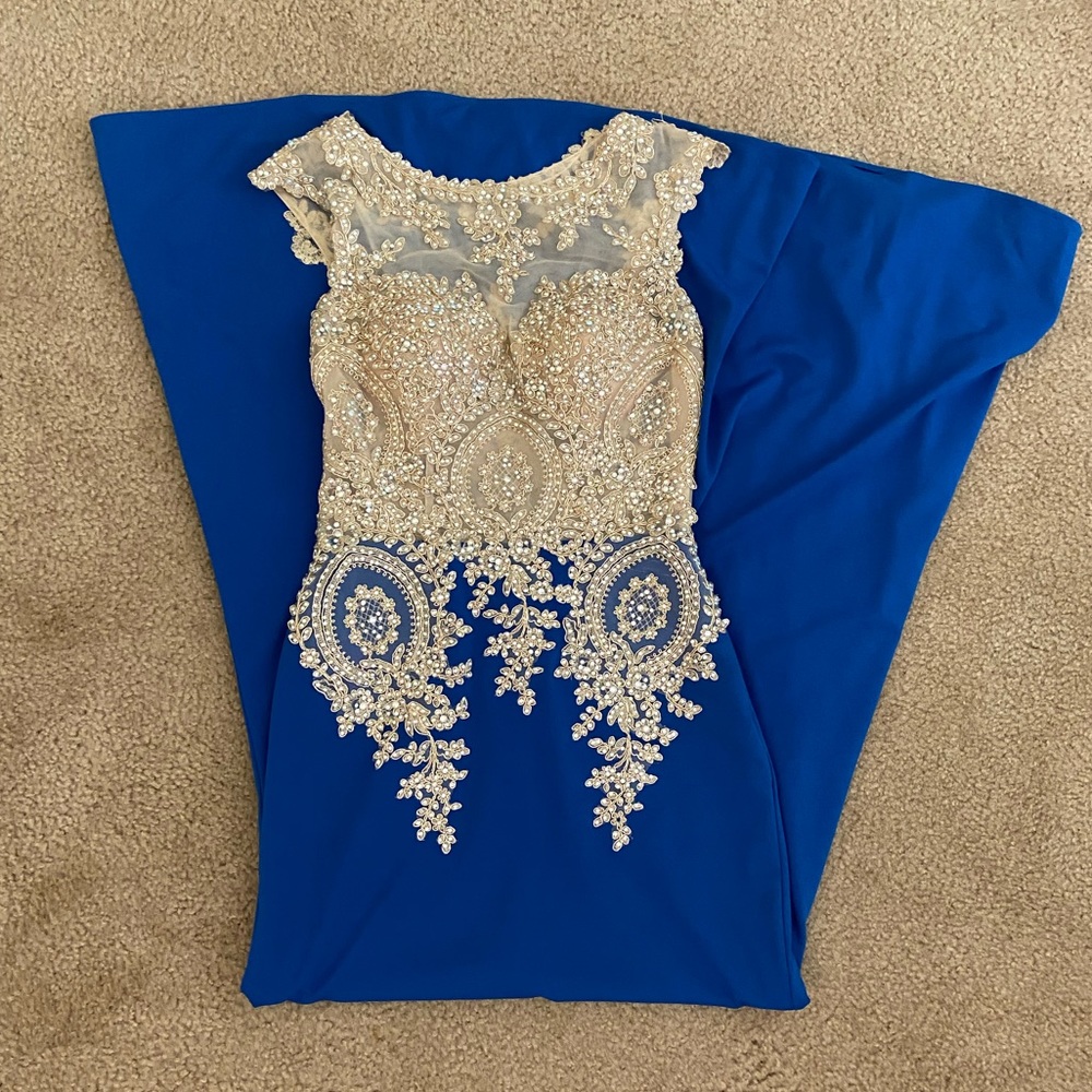 Royal Blue Lace Floral Prom Dress
